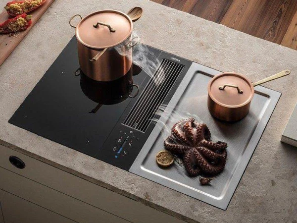Modern kitchen cooktop with two copper pots with lids, one heating on the left black zone and one on the right white zone, with octopus and lemon slices prepared on the cooking surface