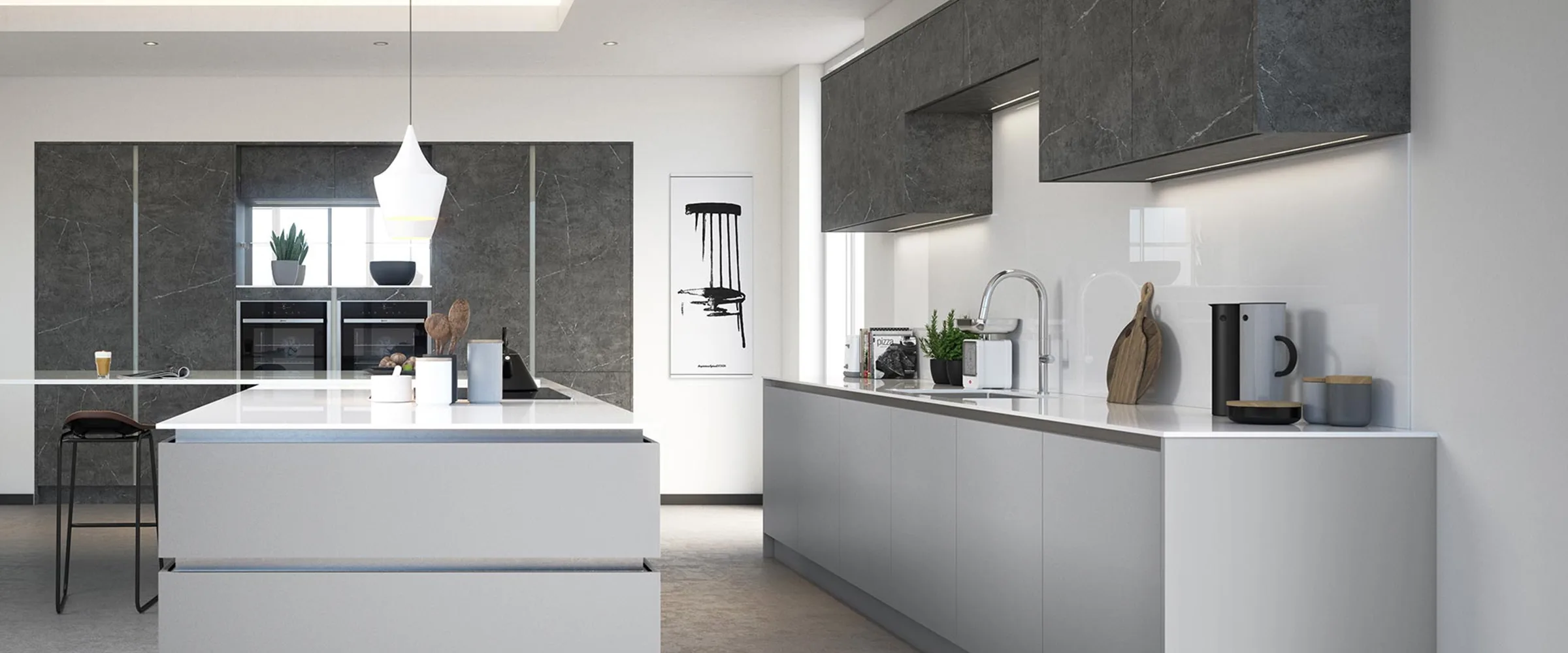 Modern kitchen with dual islands featuring white worktops and grey cabinetry, dark grey splashback with integrated appliances, pendant lighting, potted plants, and minimalist décor throughout the open-plan space.