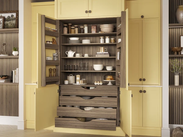 Yellow kitchen cabinetry with open dark wood shelving displaying dishware and kitchen items.