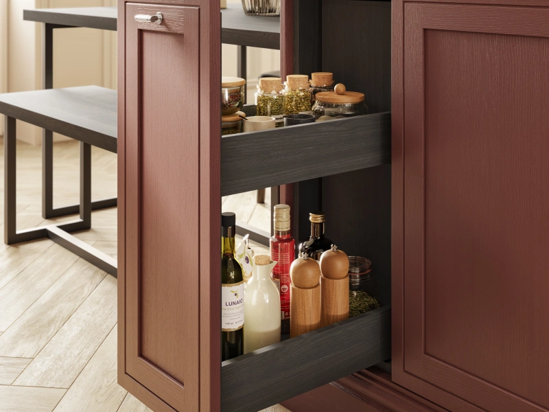 Kitchen island with deep burgundy cabinetry, open shelving displaying bottles and kitchen accessories, and seating for two.