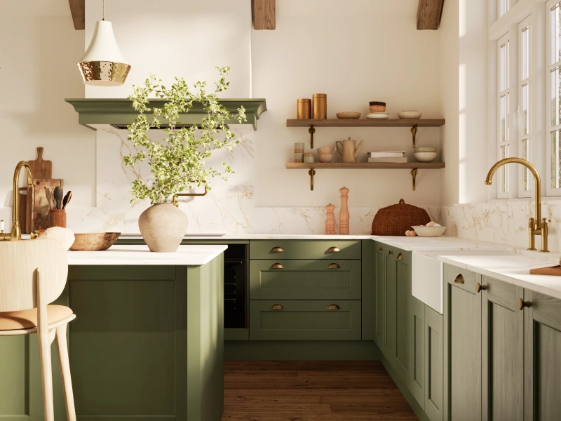 Modern kitchen with sage green cabinetry, marble backsplash, exposed wooden beams, and brass fixtures.