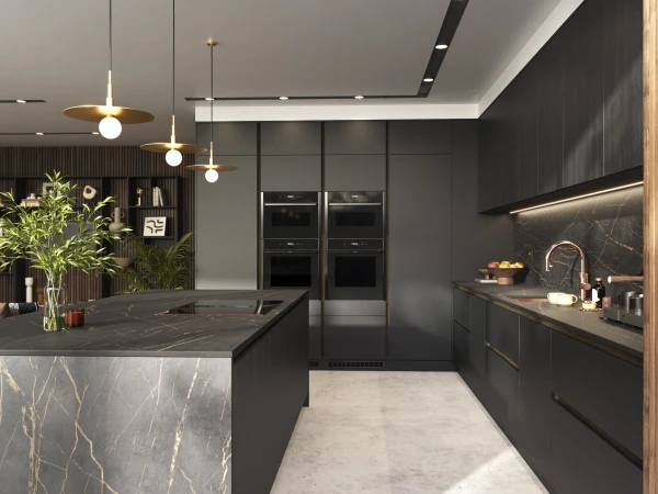 Modern luxury kitchen with dark grey cabinetry, black marble countertops with gold veining, integrated stainless steel appliances, brass pendant lights with circular shades, under-cabinet and ceiling LED lighting, a waterfall island edge, potted plants, and white concrete flooring.