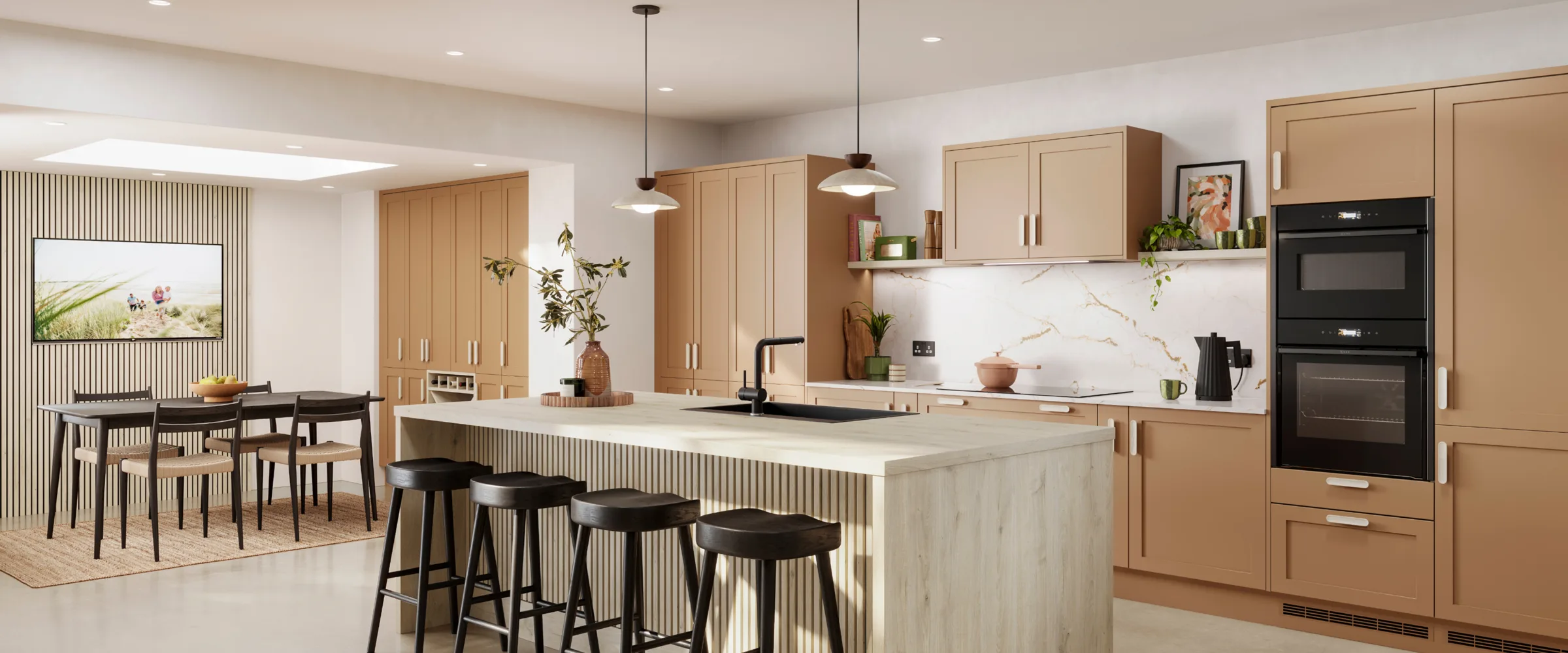 Modern kitchen showroom with light wood cabinetry, white marble backsplash, and black bar stools at island.