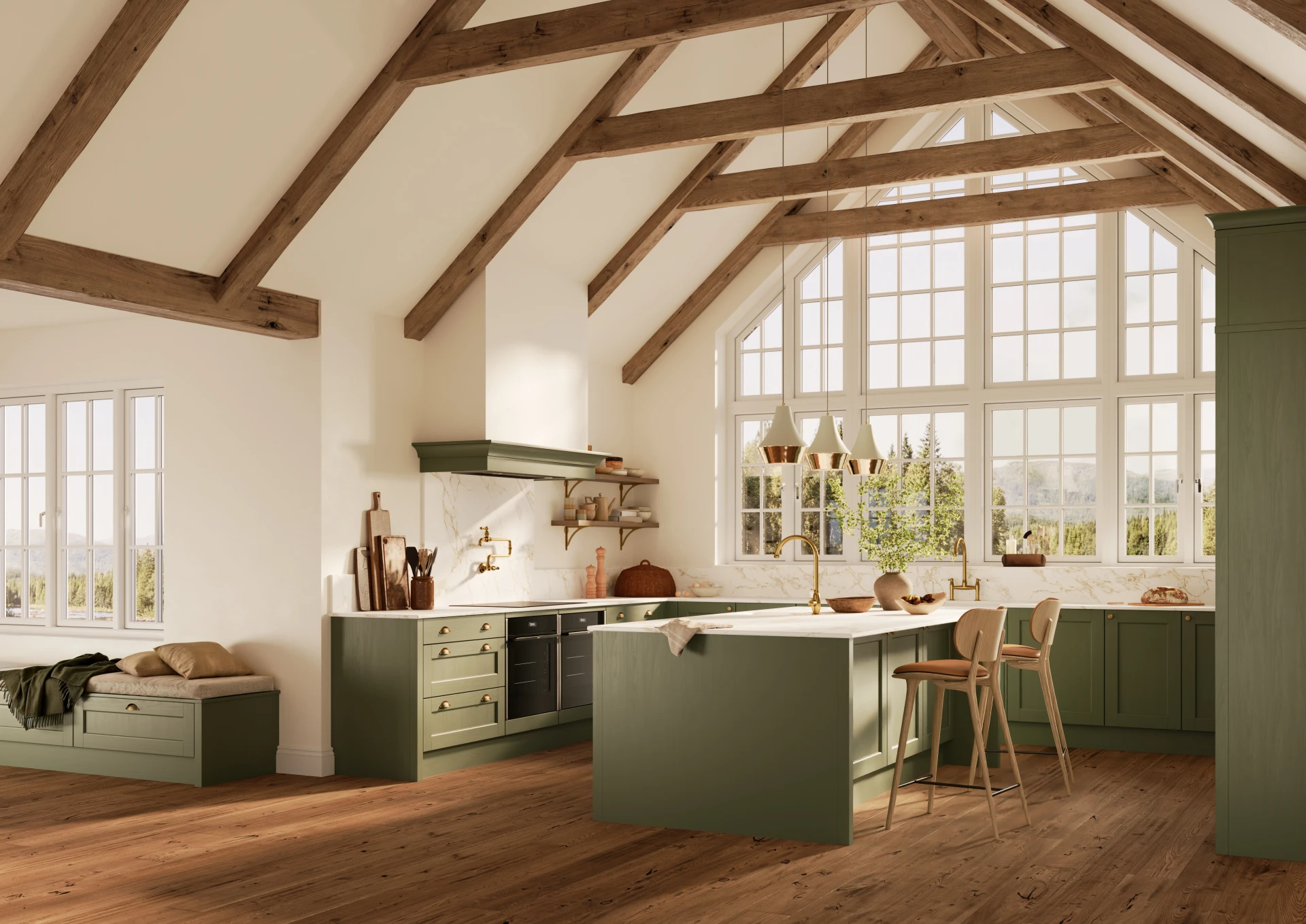 Spacious kitchen with green cabinetry, exposed timber beams, large windows, and wooden flooring.