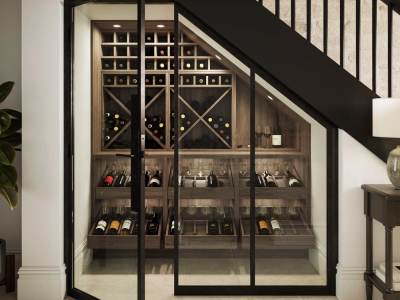 Modern wine cellar with black frame glass doors built beneath a staircase, featuring wooden wine racks with cross-hatching design, multiple shelves displaying wine bottles, wine glasses, and storage drawers, situated in a contemporary home interior with light marble flooring and white walls.