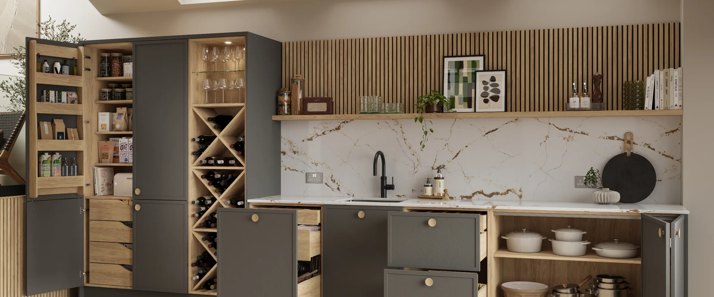Contemporary kitchen with charcoal grey and natural wood cabinetry, marble backsplash, black tap, open shelving with decorative items and cookware, integrated wine storage with X-frame racks, and vertical wood-slat wall panelling above countertops.